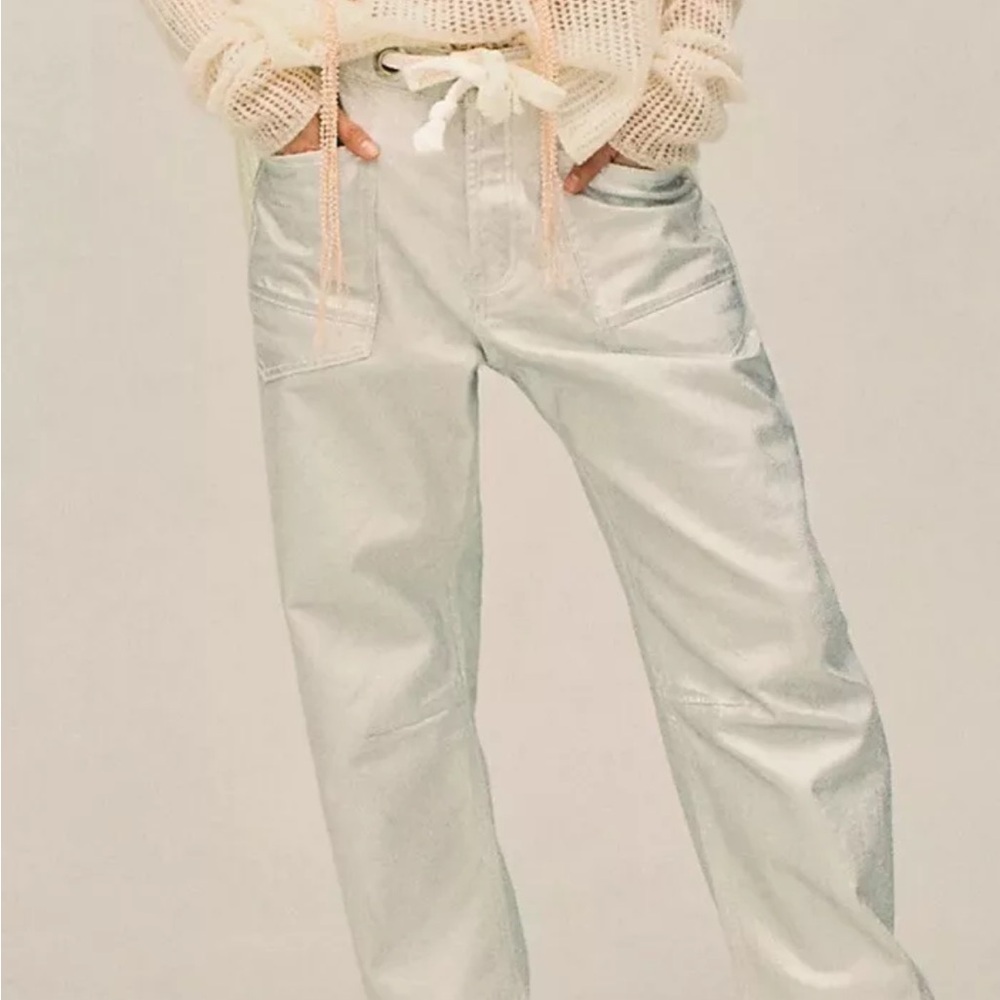 Free People Moxie Metallic Low-Slung Barrel Jeans Pinball Silver SIZE 25